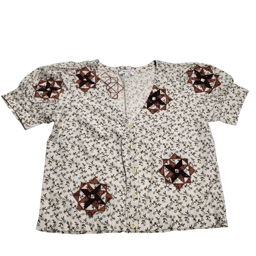 Madewell Quilted Patchwork Puff-Sleevecropped Top - image 5